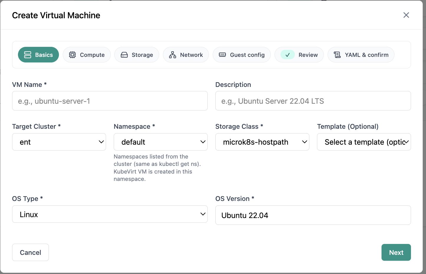 Create VM wizard basics step.